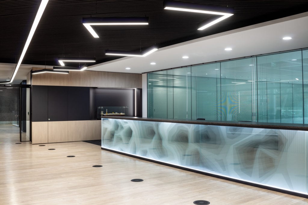 Reception desk at Tullow Oil with feature lighting detail built into the front desk.
