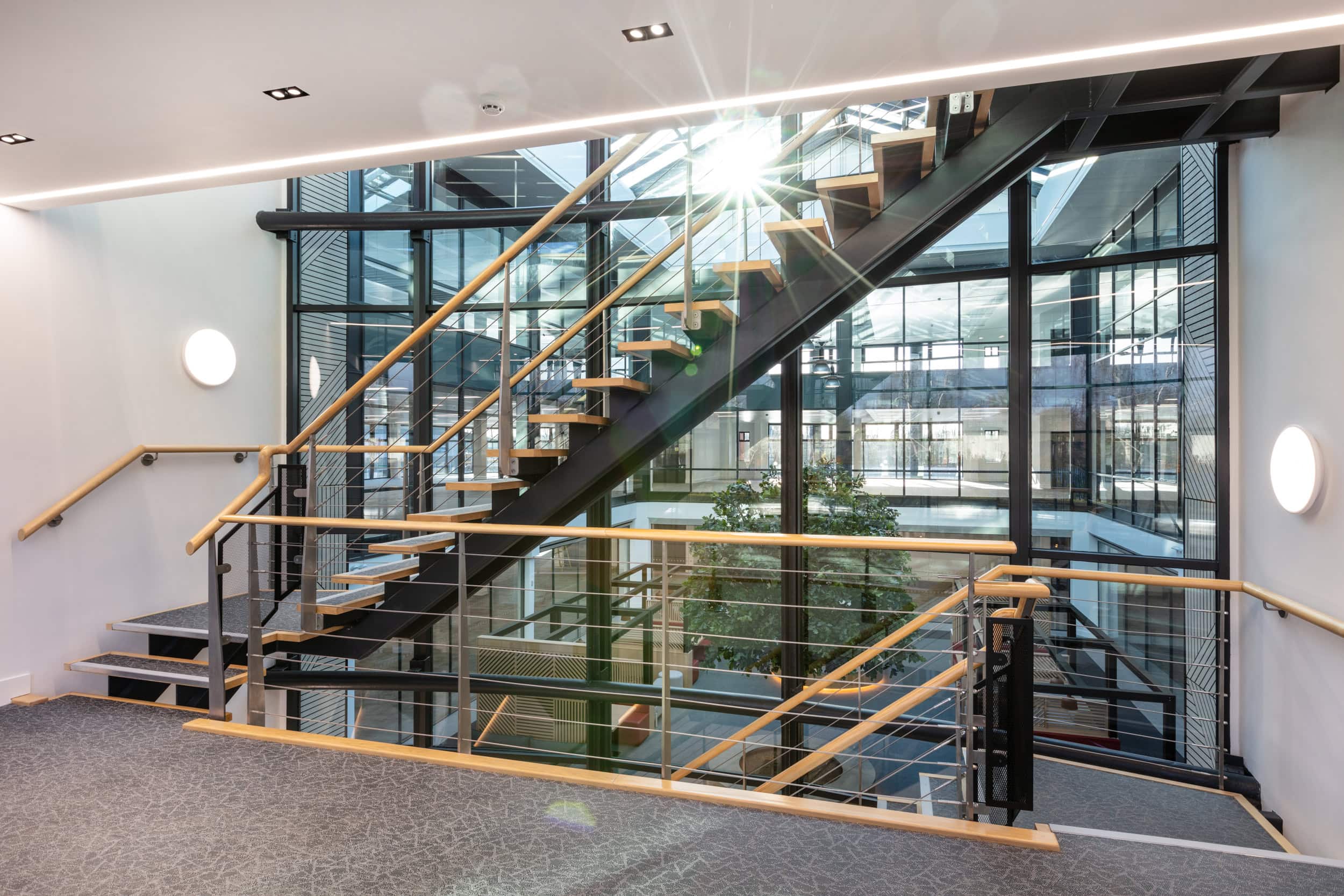 Modern staircase with wooden steps and glass railing, surrounded by large windows and natural light.