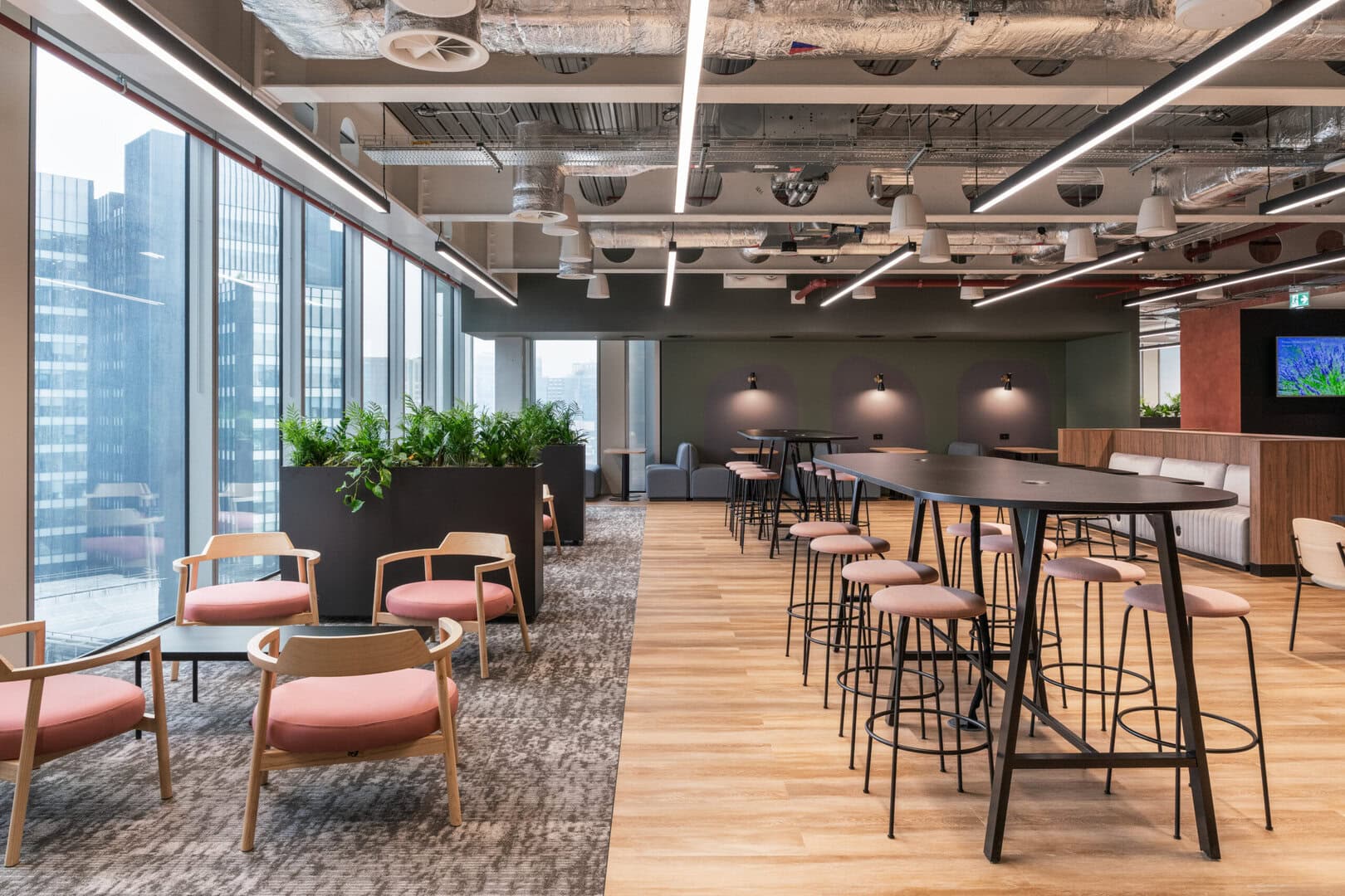 Reception area with low and high rise stools