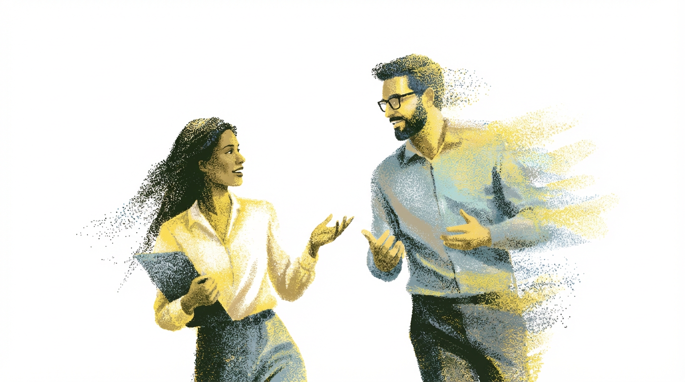 Two professionals, a woman holding a tablet and a man gesturing, engage in a conversation against a white background.