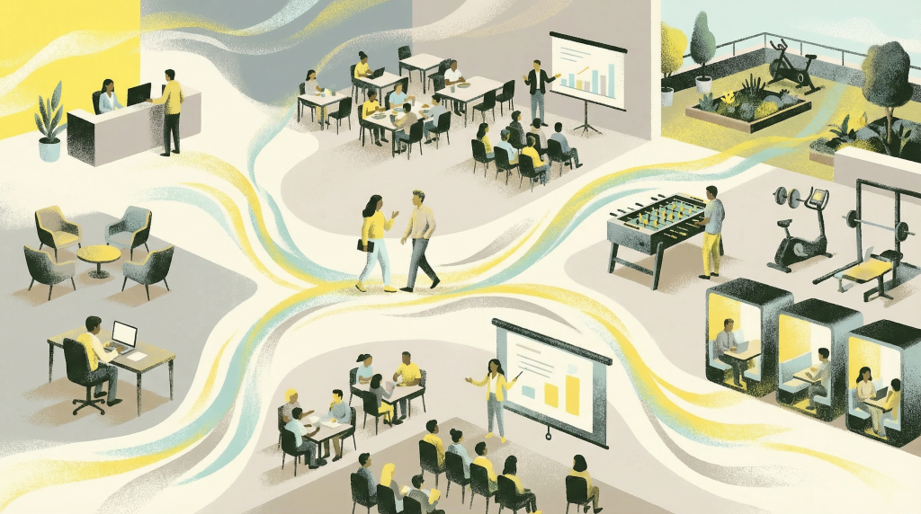 Illustration depicting a modern office environment with various activities, including meetings, collaborative workspaces, fitness areas, and individual workstat
