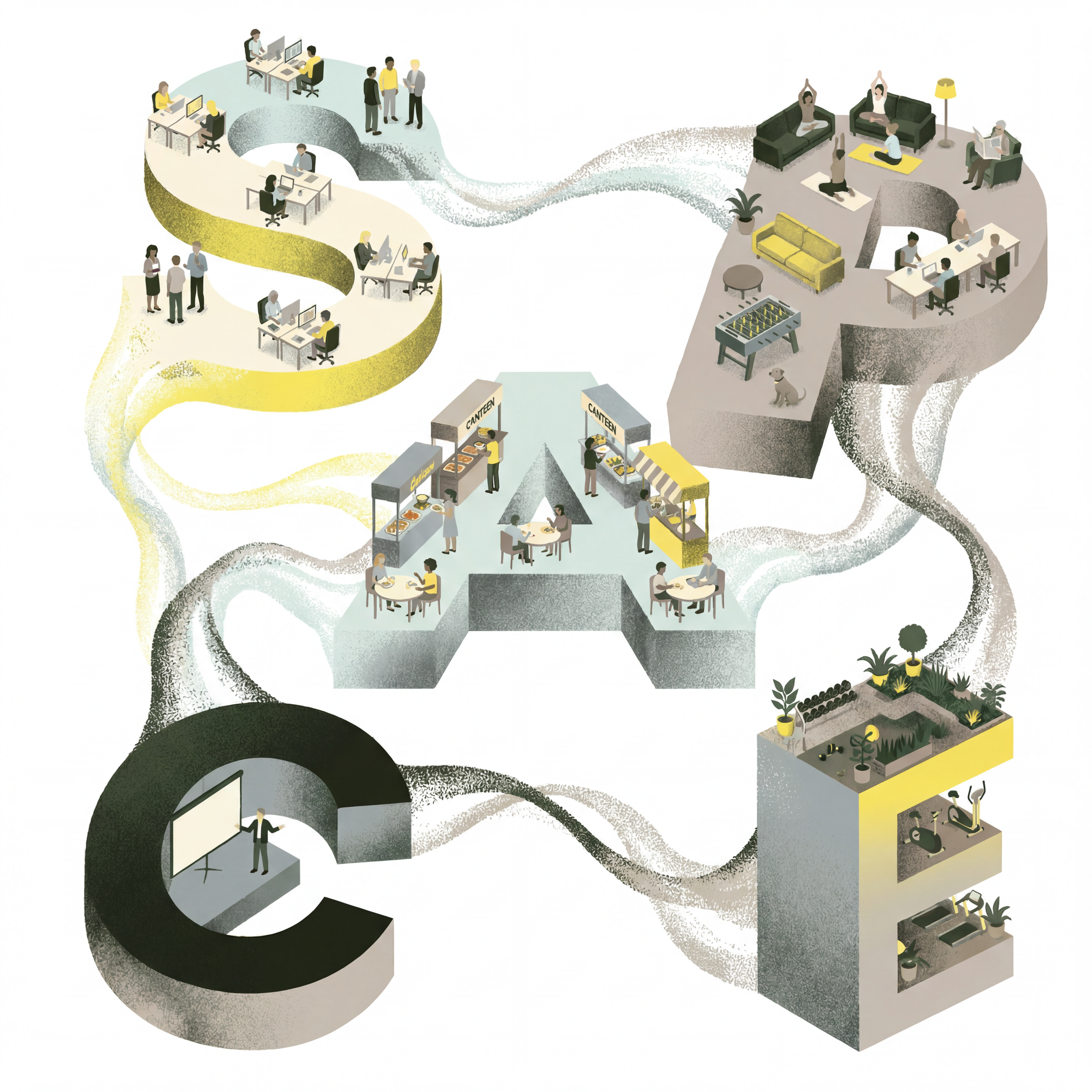 Illustration depicting the word "SPACE" formed by various work and relaxation areas, including desks, dining spaces, and a presentation area, with people engage