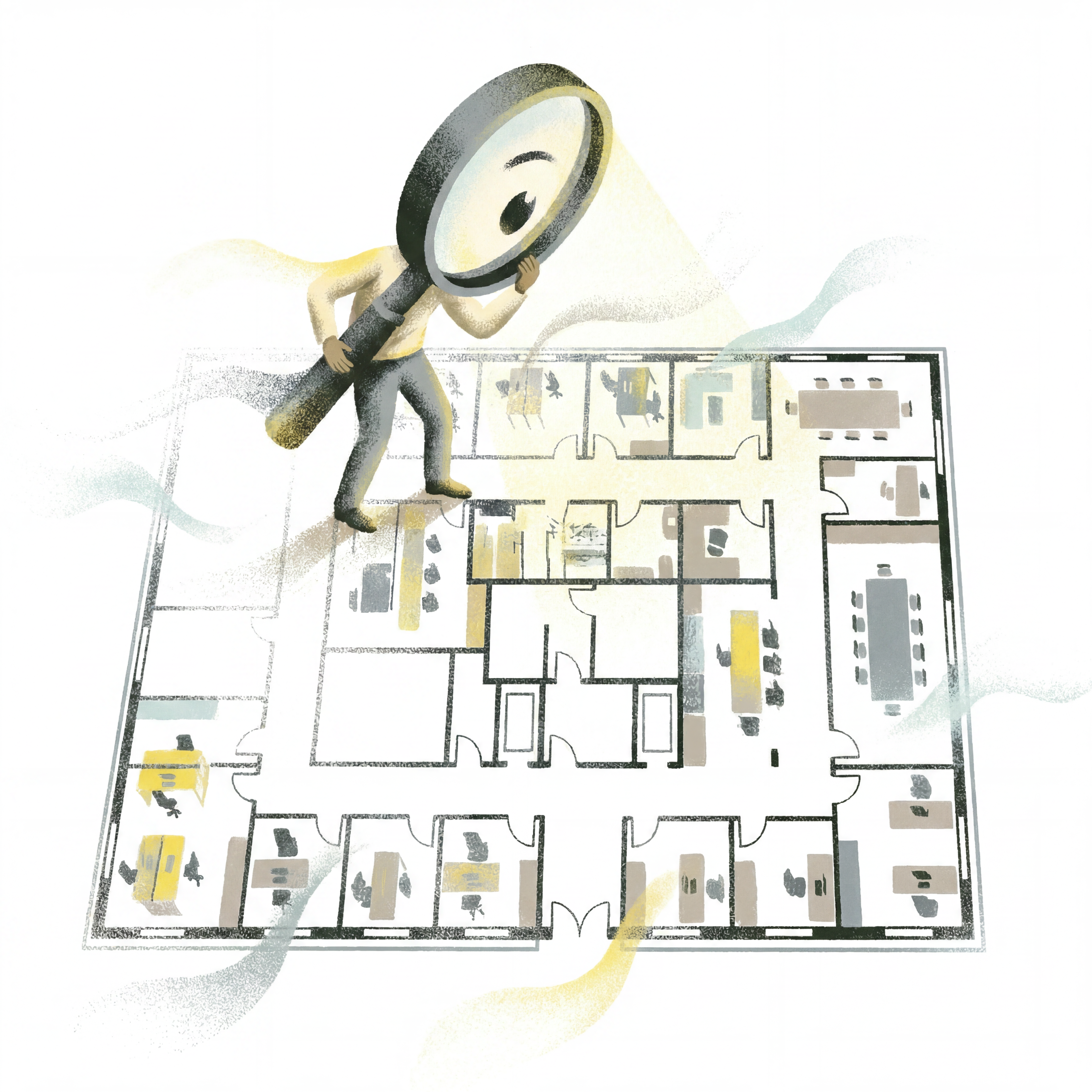 Illustration of a person holding a magnifying glass while examining a detailed floor plan with various rooms and furniture layouts.