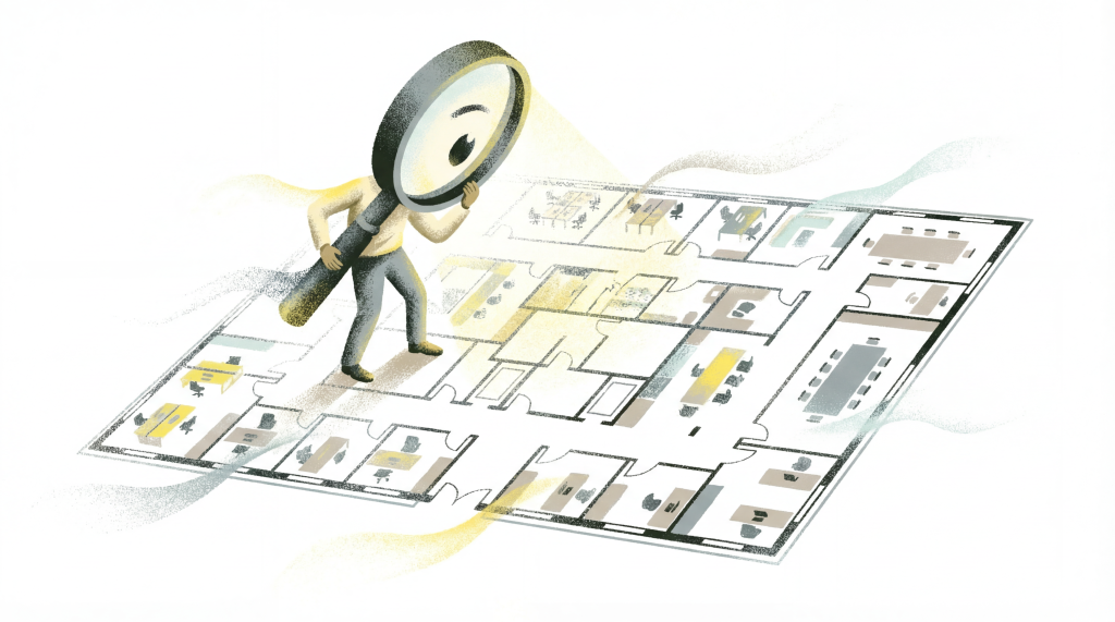 A person holding a magnifying glass examines a detailed floor plan with various rooms and furniture layouts.