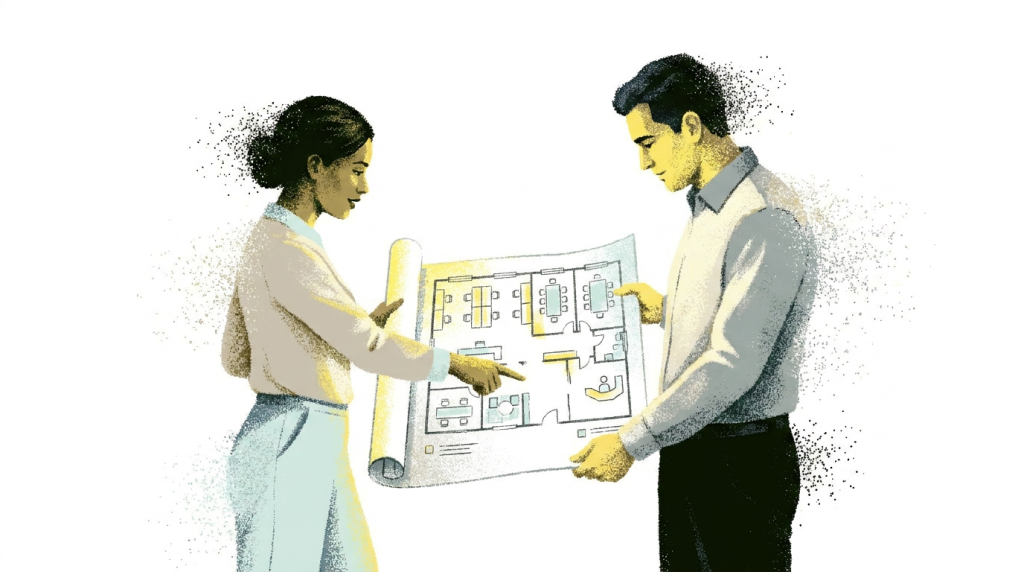 Two individuals discussing a blueprint, with one pointing at a specific area on the plan while the other observes.