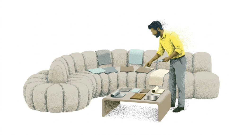 A man in a yellow shirt examines fabric samples while standing next to a large, curved sofa and a coffee table displaying various material swatches.
