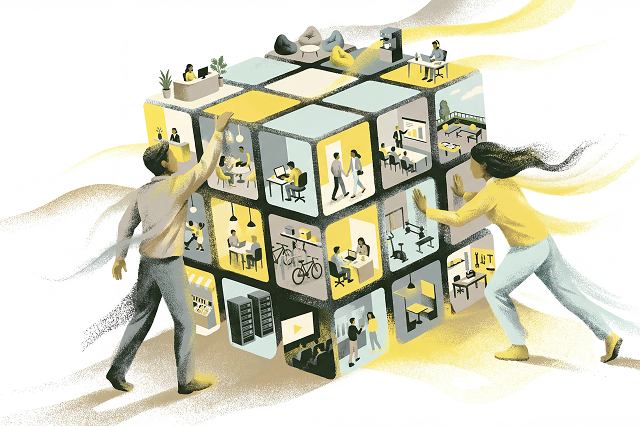 Two people interact with a large, illustrated cube featuring various scenes of workspaces and activities, including office settings, collaboration, and leisure