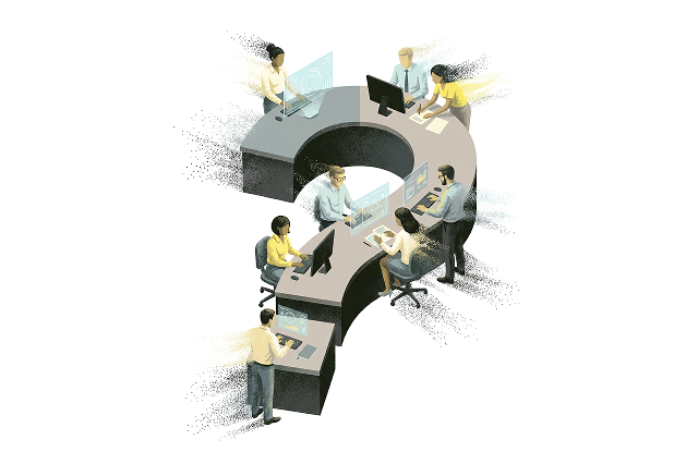 A group of six people working collaboratively around a curved desk with computer screens, engaged in discussion and analysis.