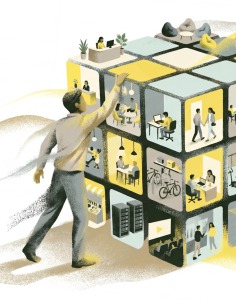 Illustration of a person interacting with a three-dimensional cube composed of various office scenes, including workspaces, meetings, and leisure areas.