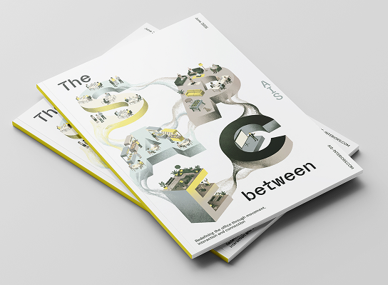 Three stacked magazines titled "The Space Between," featuring illustrations of various scenes and activities connected by flowing lines.