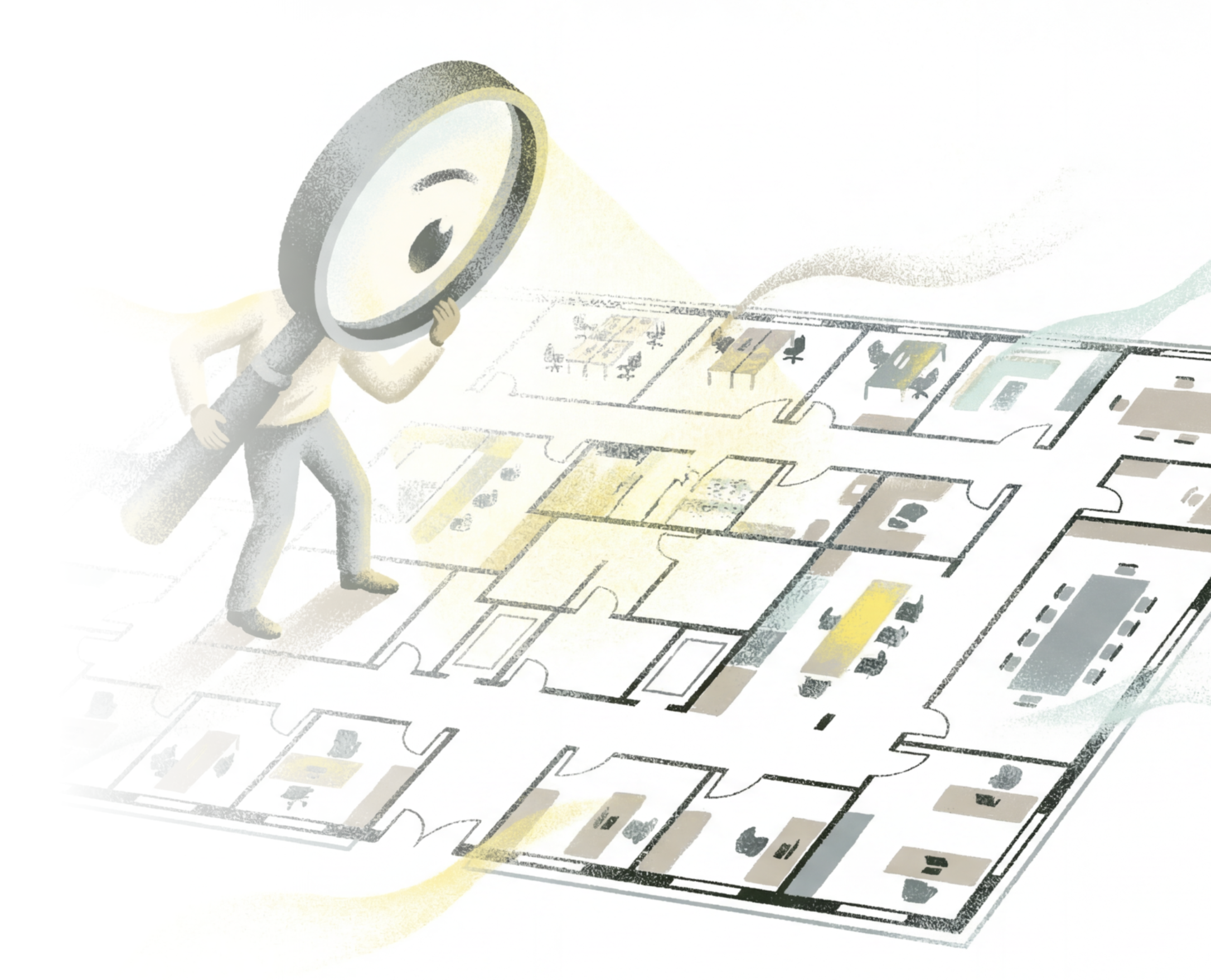 A person holding a magnifying glass examines a detailed floor plan with various rooms and furniture layouts.