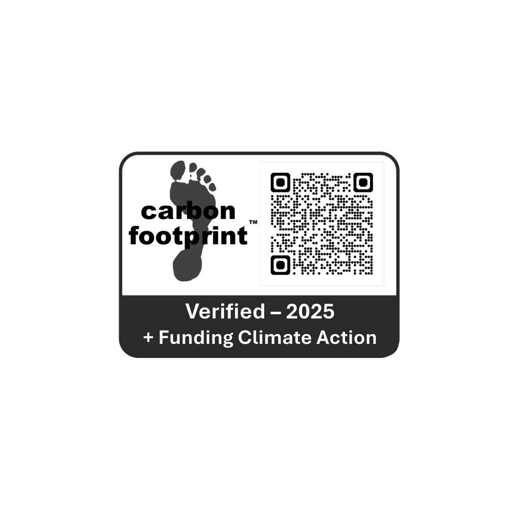 Black badge featuring a footprint graphic, a QR code, and the text "Verified – 2025 + Funding Climate Action.