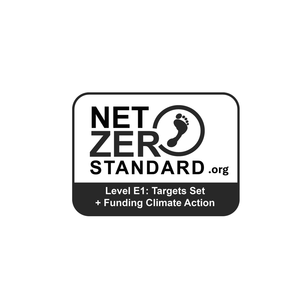 Net Zero Standard logo featuring a footprint, with the text "Level E1: Targets Set + Funding Climate Action.